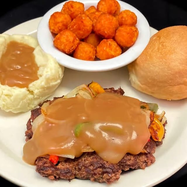 Fresh Hand Pressed Hamburger Steak Dinner.