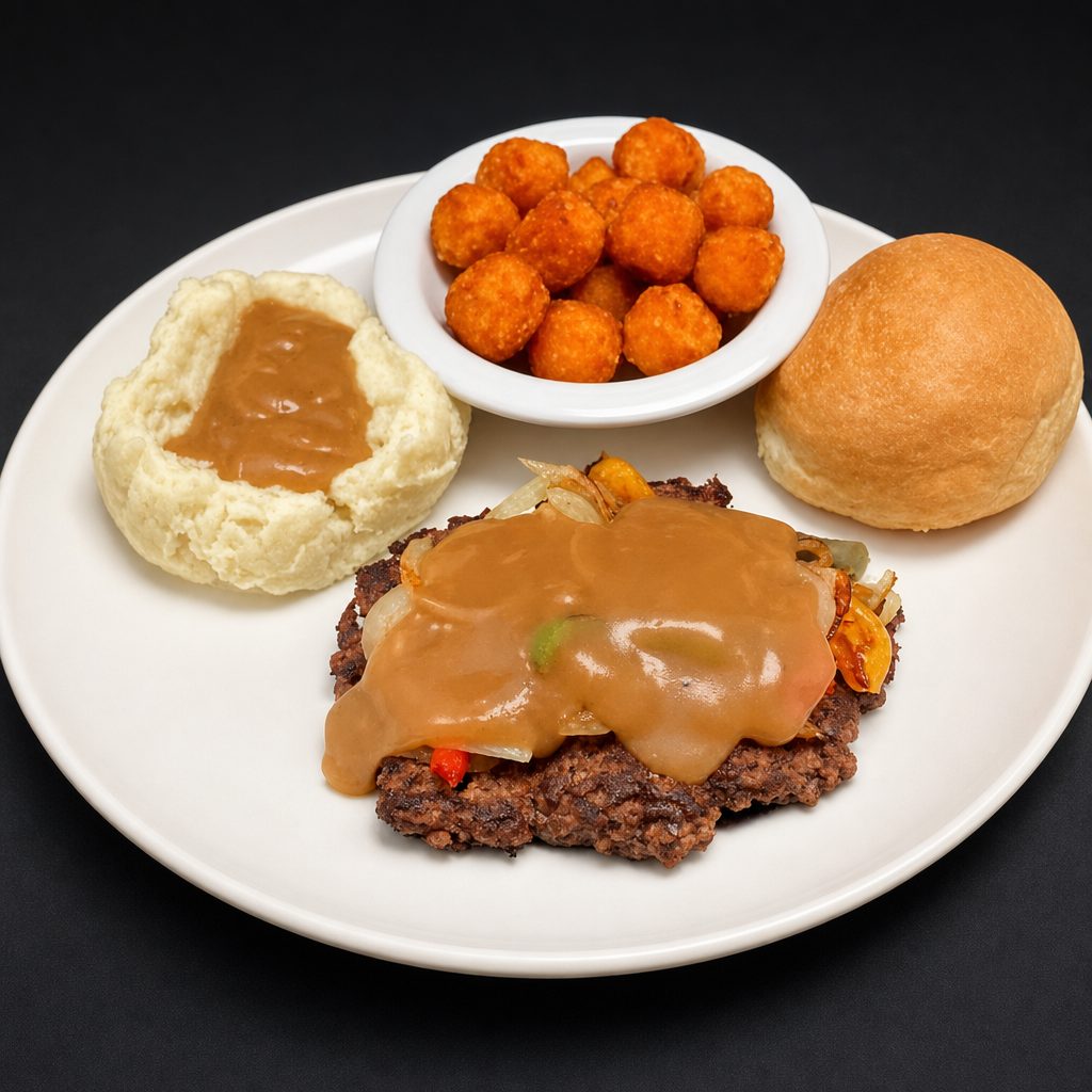 Fresh Hand Pressed Hamburger Steak Dinner.