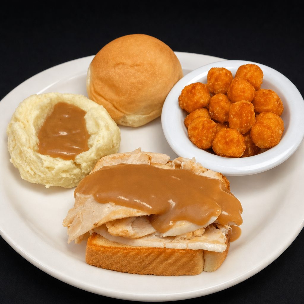 Open Faced Hot Turkey Dinner with Brown Gravy.