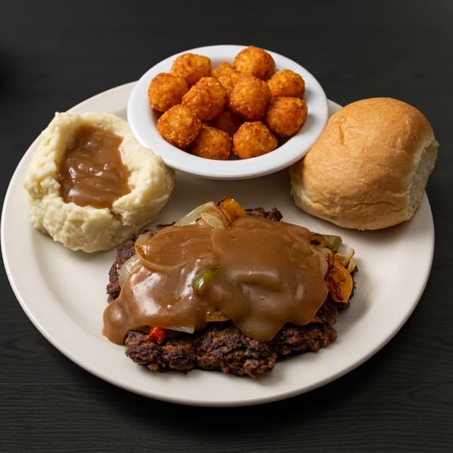 Fresh Hand Pressed Hamburger Steak Dinner.