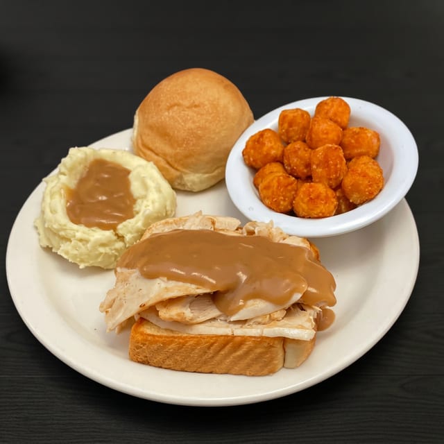 Open Faced Hot Turkey Dinner with Brown Gravy.
